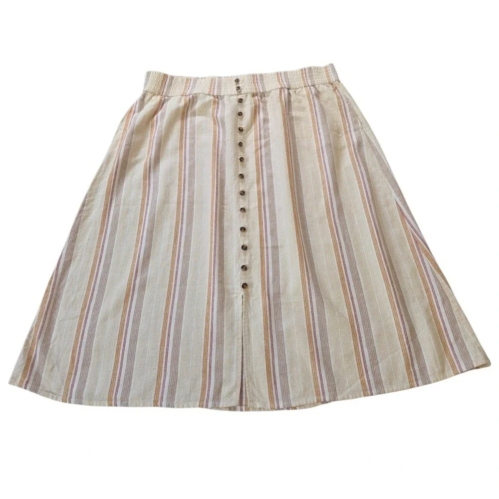 Sonoma Midi Skirt XXL Beige Striped Linen Blend Elastic‎ Pockets Casual Comfort